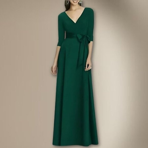 Alfred Sung Wrap Style Gown Long Sleeve V Neck Jersey Mikado Hunter Green W 2 - Picture 1 of 13